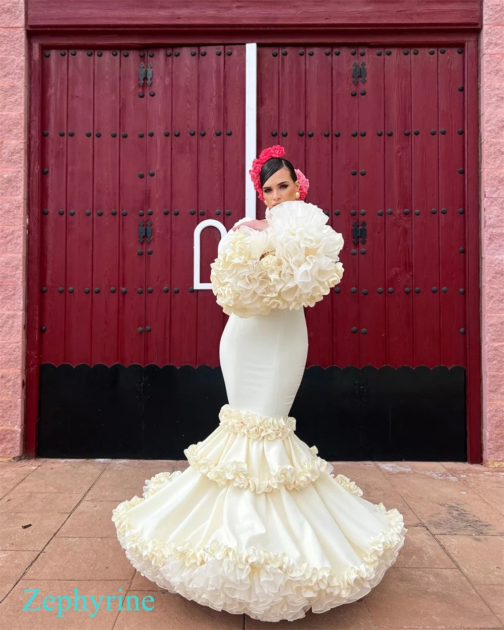Customized Mermaid Jersey Backless Evening Dress Exquisite V-Neck Long Sleeves Prom Dresses Elegant Tiered Organza Party Gowns