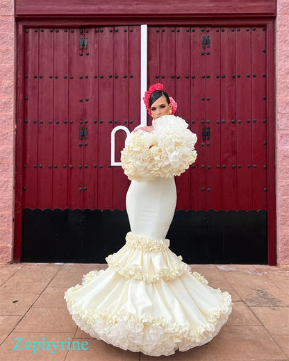 Customized Mermaid Jersey Backless Evening Dress Exquisite V-Neck Long Sleeves Prom Dresses Elegant Tiered Organza Party Gowns