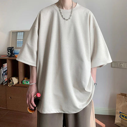 Summer Short Sleeved T-shirt Men Fashion Solid Color Round Neck T Shirt Men Streetwear Loose Suede Tshirt Mens Top M-3XL