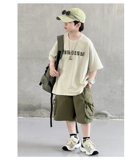 New Summer Korean Children Fashion Suit for Teen Boy Cotton Top And Bottom Set Kids Casual Tshirt Shorts 2PCS Clothing Set 7-16Y