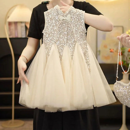 Mesh Sequins Summer Dress Children Clothes Girls Gauze Skirt For Party Evening Birthday Prom Performance Graduation Ceremony