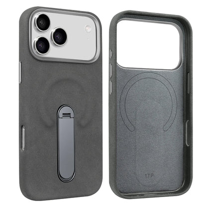 For iPhone 17 Pro Protective Case With Metal Rotatable Kickstand Suede Artificial Leather Phone Case For iPhone 17 16 15 Pro Max