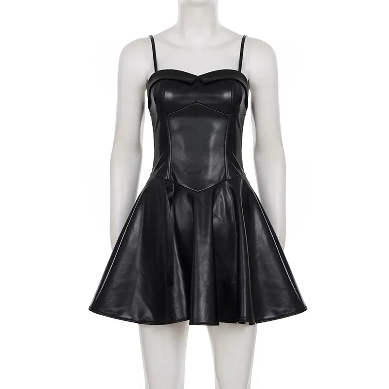 Sexy Black Pu Leather A Line Dress Women's Spaghetti Strap Sleeveless Party Club Dress Elegant Outfits Coquette 2026