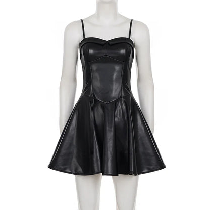 Sexy Black Pu Leather A Line Dress Women's Spaghetti Strap Sleeveless Party Club Dress Elegant Outfits Coquette 2026