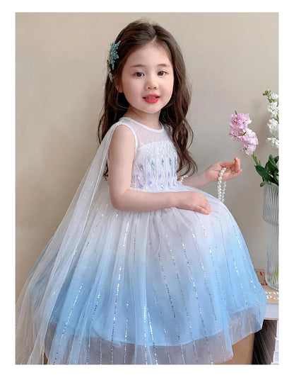 Elsa Princess Dress w/ Cape 2026 New Summer Frozen Cosplay Dresses for Little Girls Birthday Party Sleeveless Mesh Evening Dress