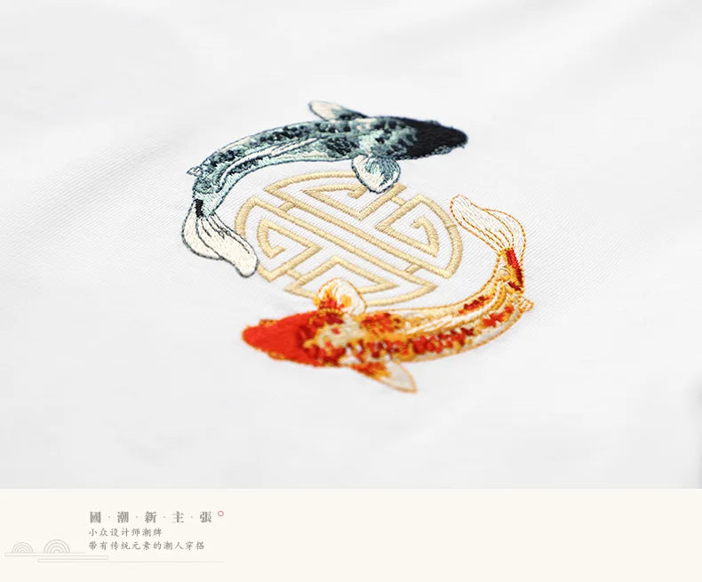Mens Summer T Shirts Chinese Carp Embroidery T Shirt Men Vintage Graphic Tees Harajuku Cotton Casual Short Sleeve High Quality