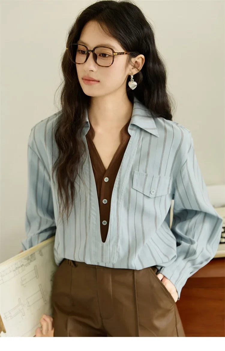 Peach Skin Velvet Stripe Shirt for Women Autumn 2025 Double Layered Collar Contrasting Color Shirt Commute Top MXE47C2408