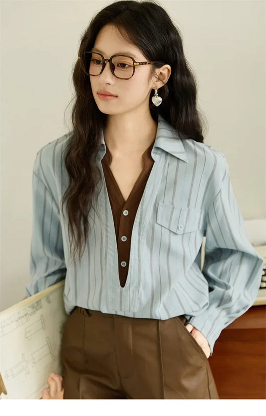 Peach Skin Velvet Stripe Shirt for Women Autumn 2025 Double Layered Collar Contrasting Color Shirt Commute Top MXE47C2408