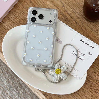 Vibrant All-over Little Flower Clear With Rhinestone Pendant Lanyard Rectangle Phone Cover Case for iPhone 17 16 15 Pro Max