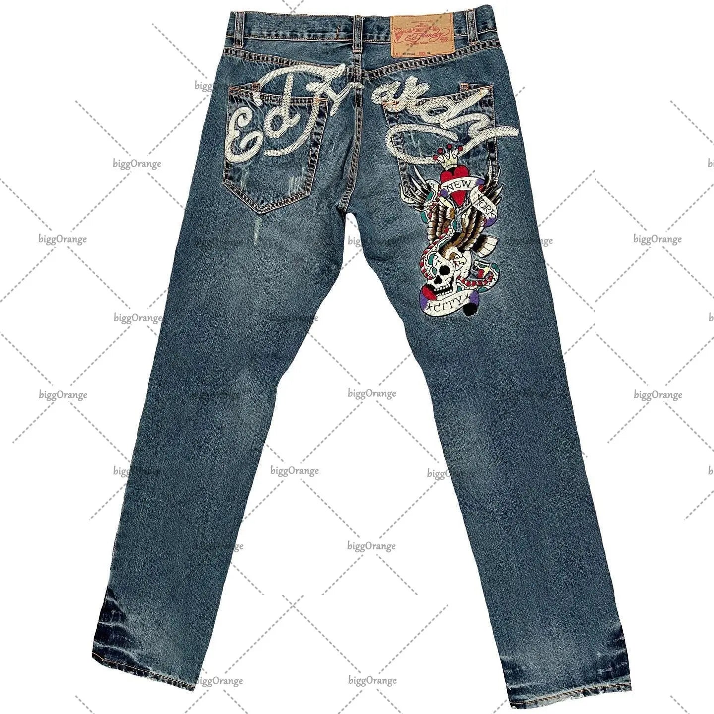 Mens Jeans Streetwear Y2K Vintage Straight Leg Denim Pants Skull Rose Flame Print Design Loose Fit Retro Punk Hip Hop Fashion