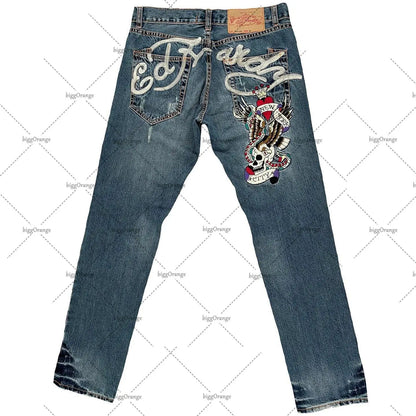 Mens Jeans Streetwear Y2K Vintage Straight Leg Denim Pants Skull Rose Flame Print Design Loose Fit Retro Punk Hip Hop Fashion