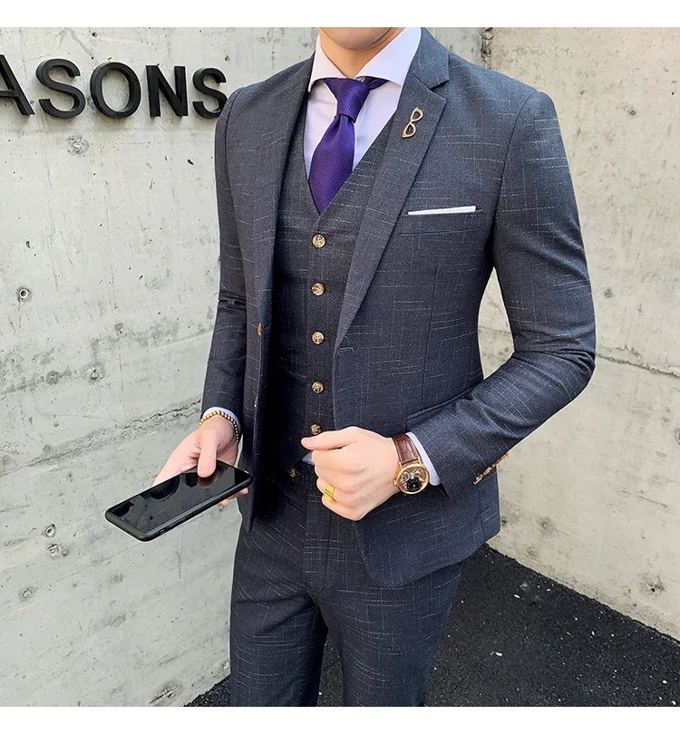 High Quality Slim-fit Men's Three-piece Suit with Vest And Trousers - Double Buckle Wedding Art Fabric Tough Man Suit