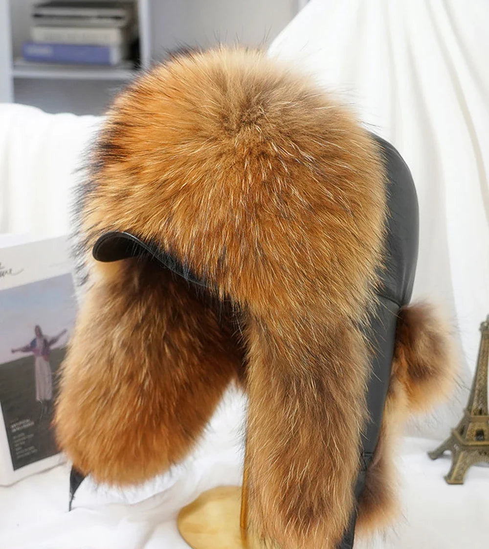 Winter Cap Man 100% Real Sliver Fox Fur Bomber Hat Men's Raccoon Fur Hat Ushanka Cap Trapper Russian Ski Caps Hats Real Fur Hat