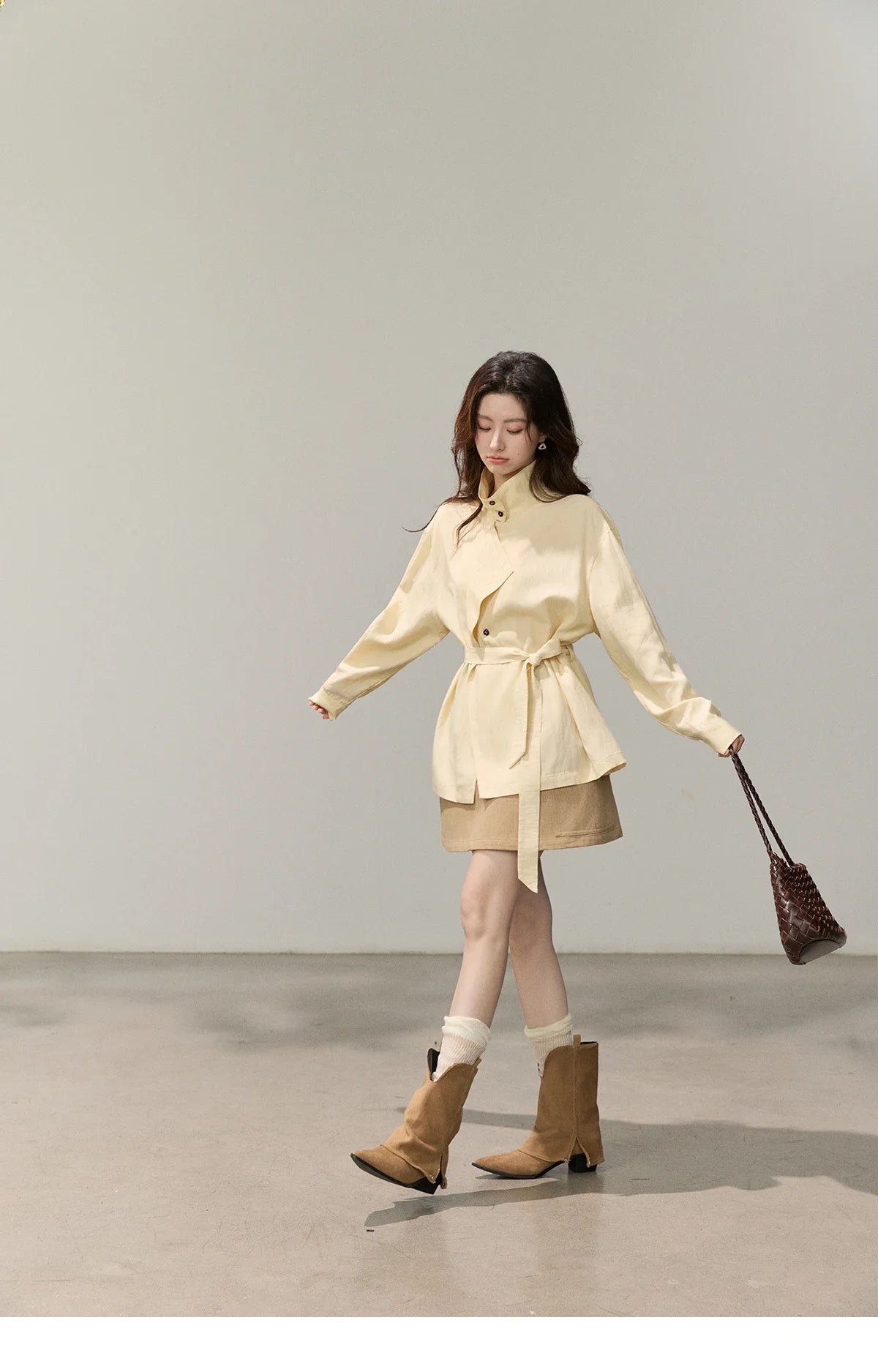 Women's Stand Collar Long Sleeve Shirts Spring Belted Waist Asymmetric Button Tops Casual Loose Solid Shirt MXF13C2459