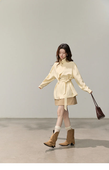 Women's Stand Collar Long Sleeve Shirts Spring Belted Waist Asymmetric Button Tops Casual Loose Solid Shirt MXF13C2459