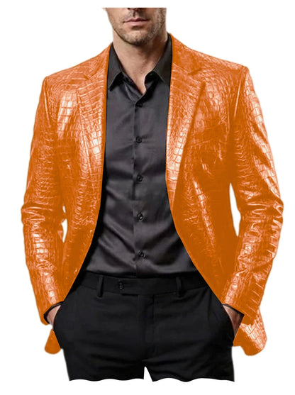 Men Crocodile Texture Leather Blazer Notched Lapel Slim Fit Single Breasted Suit Jacket Nightclub Party Business Outer Coat