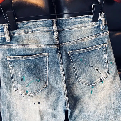 High-quality Blue Jeans Men's 2025 Spring and Summer European Wear Cargo Brand Letter Printing Ink Splashing Straight-leg Pants