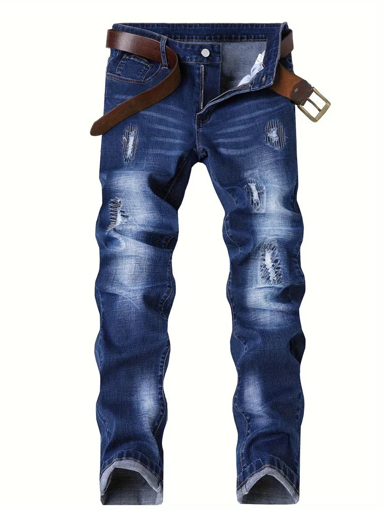 Motorcycle Trendy Straight Men's Jeans Elastic Washed Fashion Streetwear Denim Pants Embroidery Hip-Hop Trousers (Without Belt)