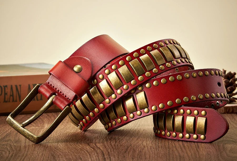 Punk Rock Belts Geometry Pattern for Men for Women Rivet Studded Belts First Layer of Cowskin Hip Pop Decorative Belts
