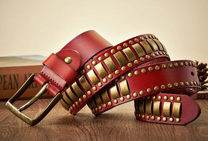 Punk Rock Belts Geometry Pattern for Men for Women Rivet Studded Belts First Layer of Cowskin Hip Pop Decorative Belts