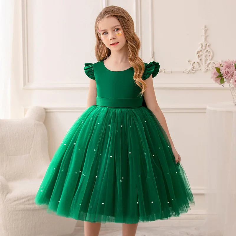 Flower Girl Dresses Birthday Tulle Dress Backless Bow Wedding Gown Kids Party Wear Princess Pink Baby Bowknot Toddler