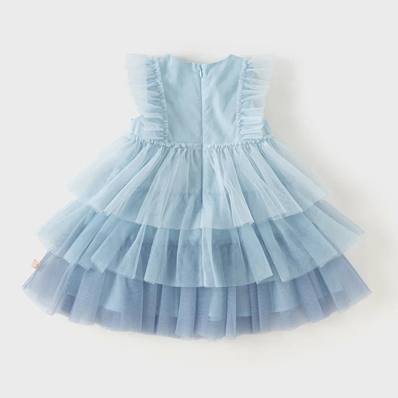 Girl's Princess Dress 2025 New Summer Children's Baby Sleeveless Blue Mesh Layered Dress Cute Sweet Party DB2240502