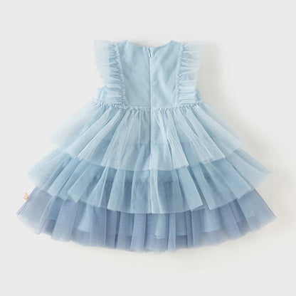 Girl's Princess Dress 2025 New Summer Children's Baby Sleeveless Blue Mesh Layered Dress Cute Sweet Party DB2240502