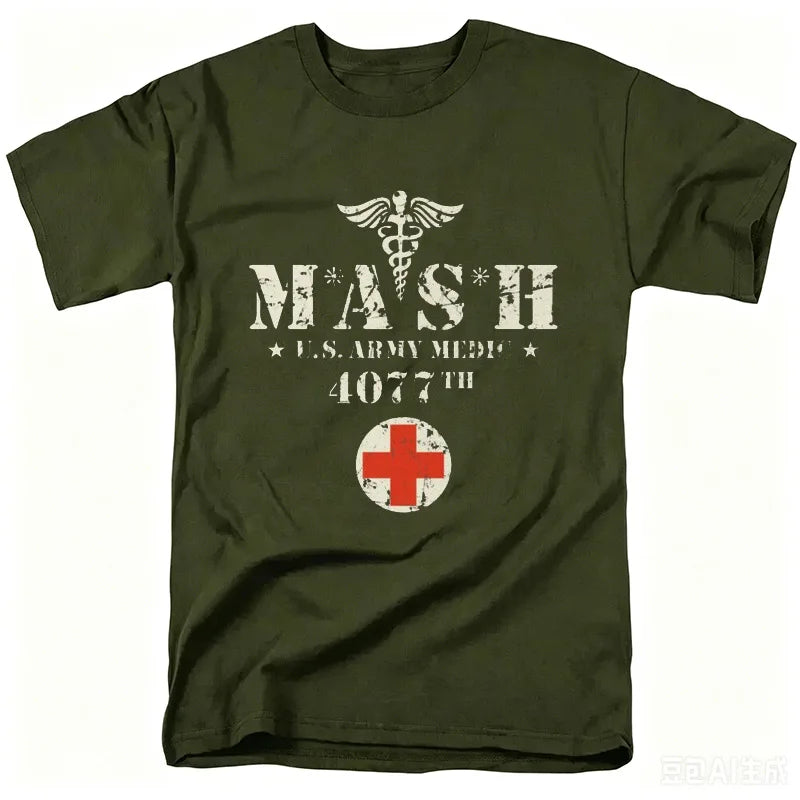 Mash Distressed Logo T Shirt Mens 4077 Licensed Classic TV Show Militarryy Green2026 High quality Brand Casual