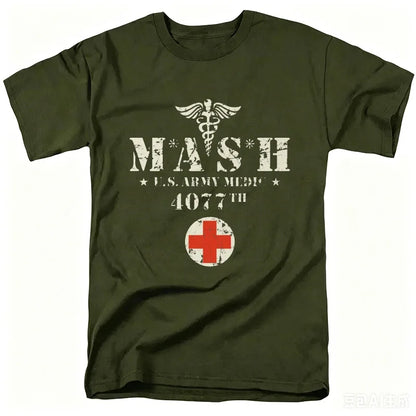Mash Distressed Logo T Shirt Mens 4077 Licensed Classic TV Show Militarryy Green2026 High quality Brand Casual