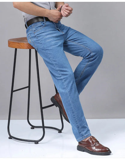 2025 New Light Blue Men's Comfort Soft Jeans Fashion Straight Business Pants Cotton Soft Casual Stretch Denim Trousers 28-40