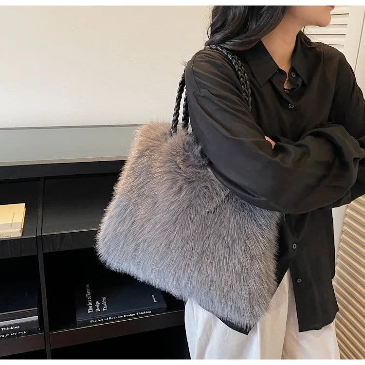Fashion Women Furry Shoulder Bag Large Capacity Tote Handle Bag for Autumn Winter Outing Commuter Texture Versatile Storage Bags