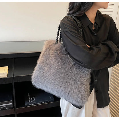 Fashion Women Furry Shoulder Bag Large Capacity Tote Handle Bag for Autumn Winter Outing Commuter Texture Versatile Storage Bags