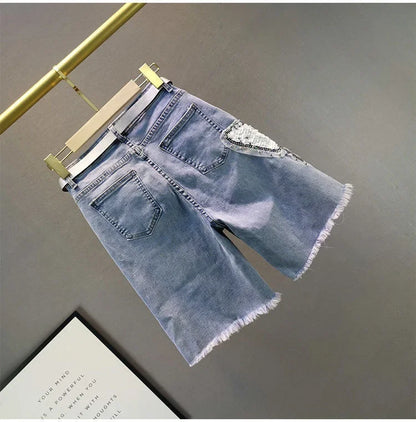 Ladies' Beaded and Sequined Denim Cropped Pants, New Summer Style, Raw-edge Straight-cut, Slim-fitting, Versatile Shorts