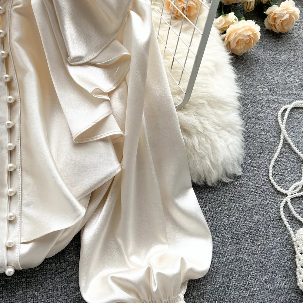 High Quality Satin Loose Shirt Long Flared Sleeves Ruffles O Neck Beading  Women Gentle Office Lady Casual Blouse