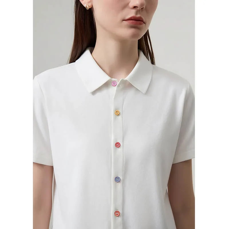 Women's T-Shirt 2026 Summer Lapel Collar Casual Short Sleeve Tee Color Block Button Slim Versatile T Shirts Woman 12652001