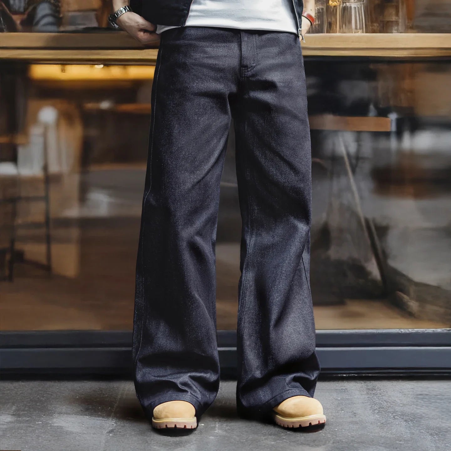 Vintage 15.6oz Selvedge Raw Denim Jeans Heavyweight Blue Loose Fit Wide-Leg Jeans Zip Fly Cotton Trousers for Spring Fall