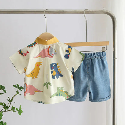 Cotton Clothes Kids Boy Summer Children Print Dinosaur Shirts Denim Shorts 2Pcs/Set Kids Fashion Toddler Tracksuits 0-5 Years