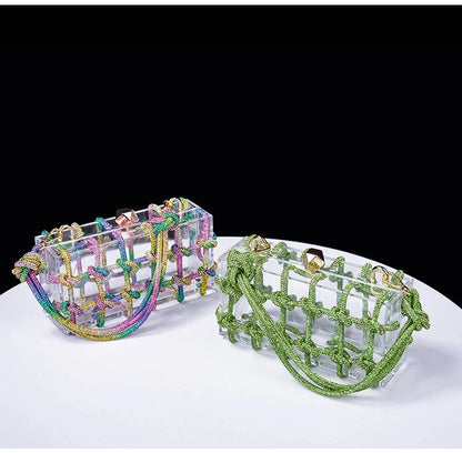 New Diamond Clear Acrylic Box Evening Clutch Bags Women Boutique Woven Knotted Rope Rhinestone Purses And Handbags Wedding Party