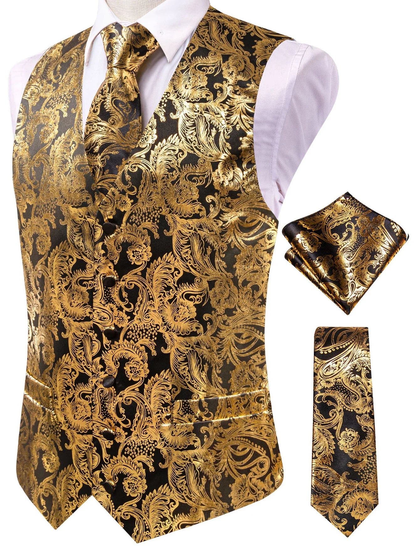 Formal Rose Pattern Paisley Plain Solid Mens Vest Party Wedding Waistcoat Pocket Square Tie  Hankie Suit Set