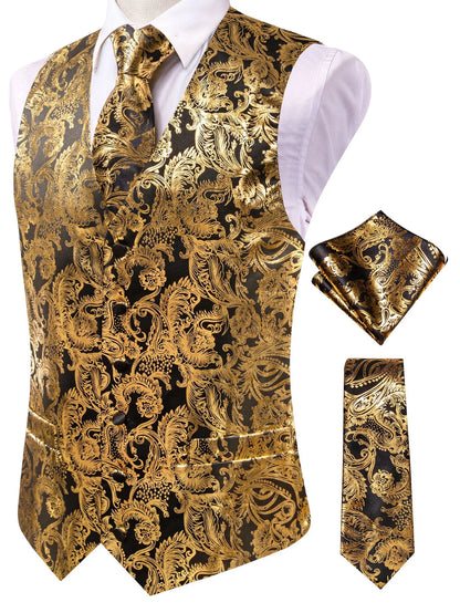 Formal Rose Pattern Paisley Plain Solid Mens Vest Party Wedding Waistcoat Pocket Square Tie  Hankie Suit Set