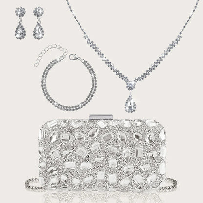 Fashionable and Luxurious, Simple Rhinestone Party Clutch and Box Bag, Exquisite and Elegant Women's Evening Bag, Paired with a Gorgeous Rhinestone Pendant Necklace, Bracelet, and Earrings Four-Piece Set, Perfect Wallet for P