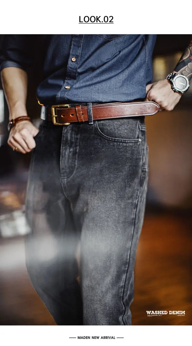 Men's Vintage 13oz Heavyweight Denim Jeans Washed Gray Straight Leg Tapered Pants Casual Trousers for Spring and Fall