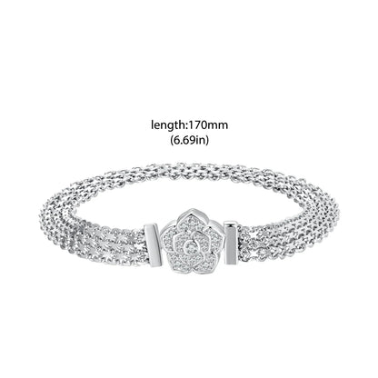 Original 925 Sterling Silver Rose Basic Bracelet Flat Chain Bangle Sparkling Zirconia Flower Charm for Women Birthday Gift