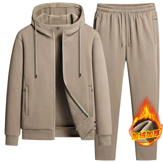 Autumn and winter hooded cardigan with fleece and thickened two-piece sporty and fashionable pure cotton set