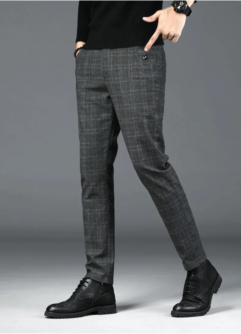 Autumn New Men's Plaid Striped Business Casual Pants Classic Fashionable Straight Elastic Casual Trousers Black Gray Male