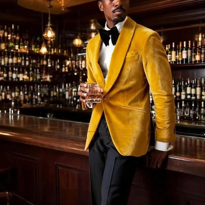 Men's Gold Velvet Tuxedo Blazer Shawl Lapel One Button Formal Jacket Fashion Slim Fit Wedding Prom Party Suit Coat