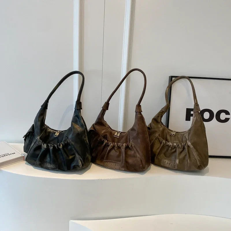 Retro Leather Shoulder Bags for Women 2025 Spring Vintage Underarm Bag Handbags and Purses Latest Fashion Hand Bag
