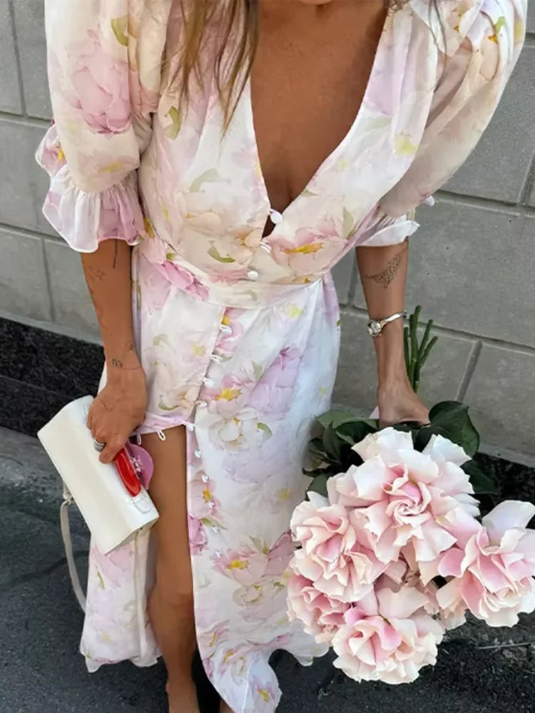 V-neck Organza Floral Chiffon Puff Sleeve Slit Long Dress Bodycon High Slit Bodycon Sexy Dresses Lady Chic Daily Sweet Date Robe
