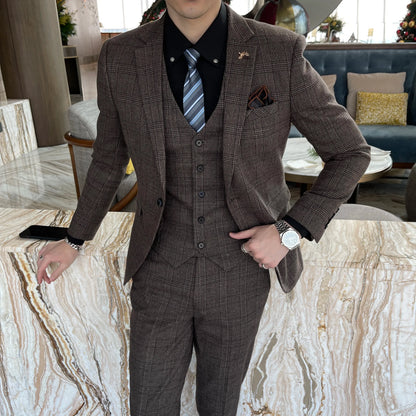 British Korean Style High Quality Modified Plaid Three-Piece Suit for Men - Stylish Business Casual Suit Vest And Trousers Set