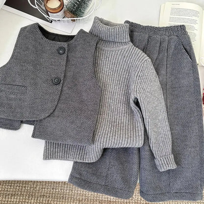 Children's Winter Thick 3pcs Set 2026 New Kids Boys & Girls Fashionable High Collar Sweater + Padding Vest + Velvet Pants 2-10Y